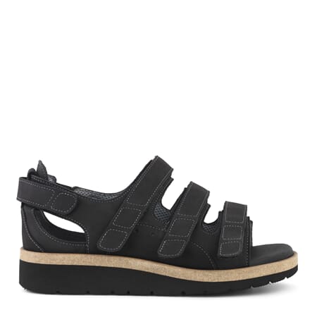 Sandal i sort skinn, 3 reimer og hælkappe
